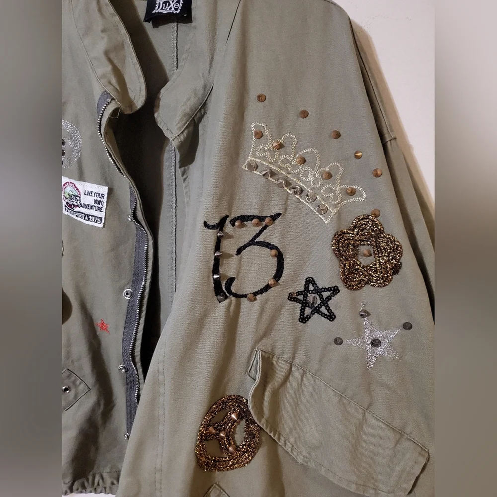 Military Punk Spike Army Style Olive Green Jacket Patches Y2k - Picture 4 of 7